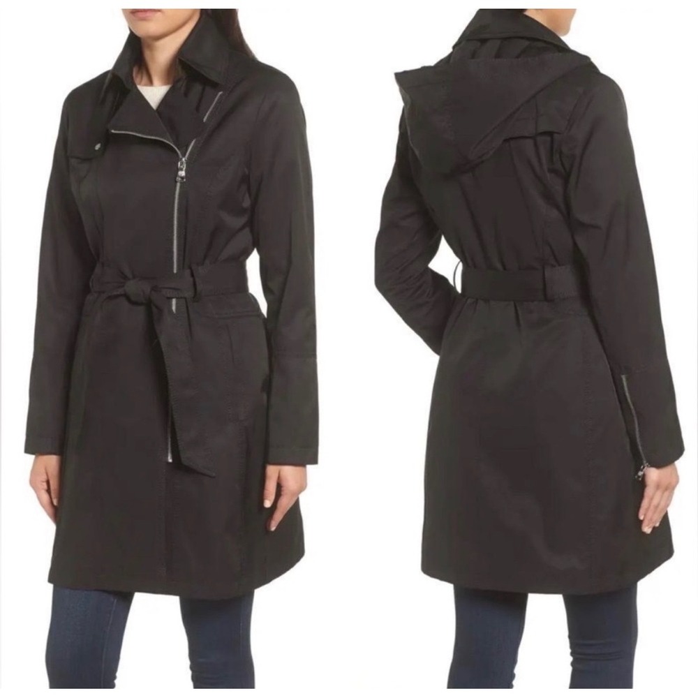 Vince Camuto Black Asymmetrical Zip Trench Coat with Removable Hood Larged